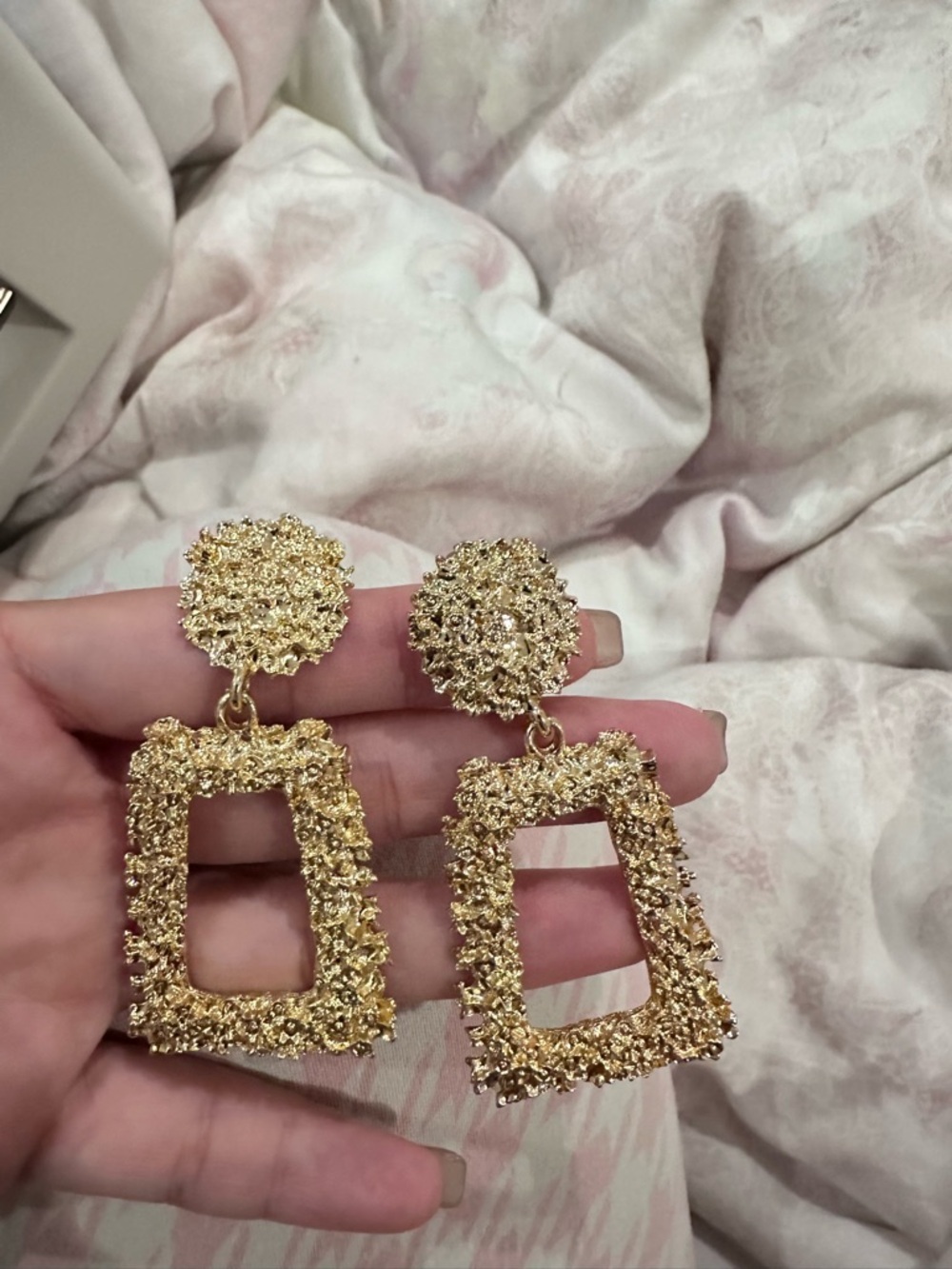 Source Unknown Gold Textured Open-Frame Drop Earrings